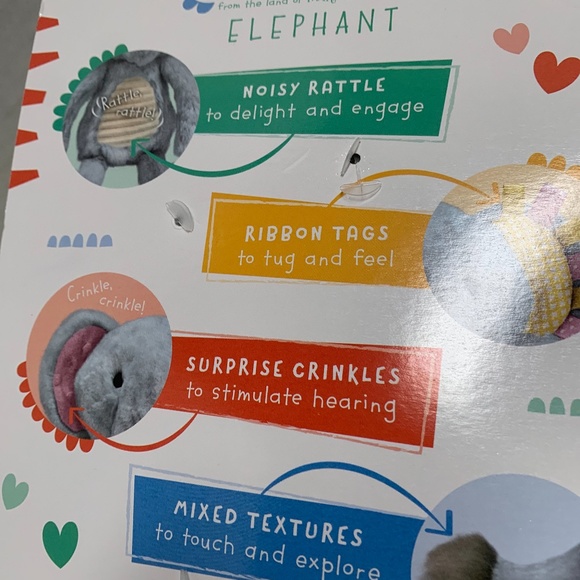 New Snuggables Sensory Plush Elephant Noise Rattle Ribbon Tags Crinkles - Picture 7 of 7